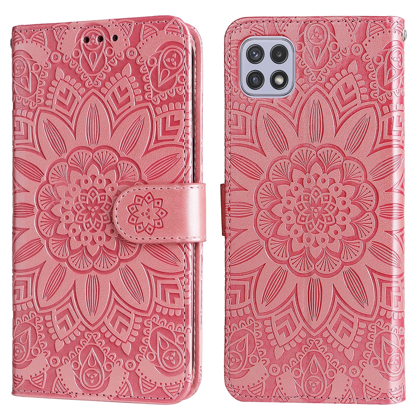 Samsung Galaxy A22 5G Sunflower Embossed Leather Wallet Phone Case with Kickstand and Card Holder