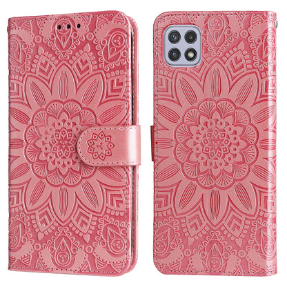 Samsung Galaxy A22 5G Sunflower Embossed Leather Wallet Phone Case with Kickstand and Card Holder