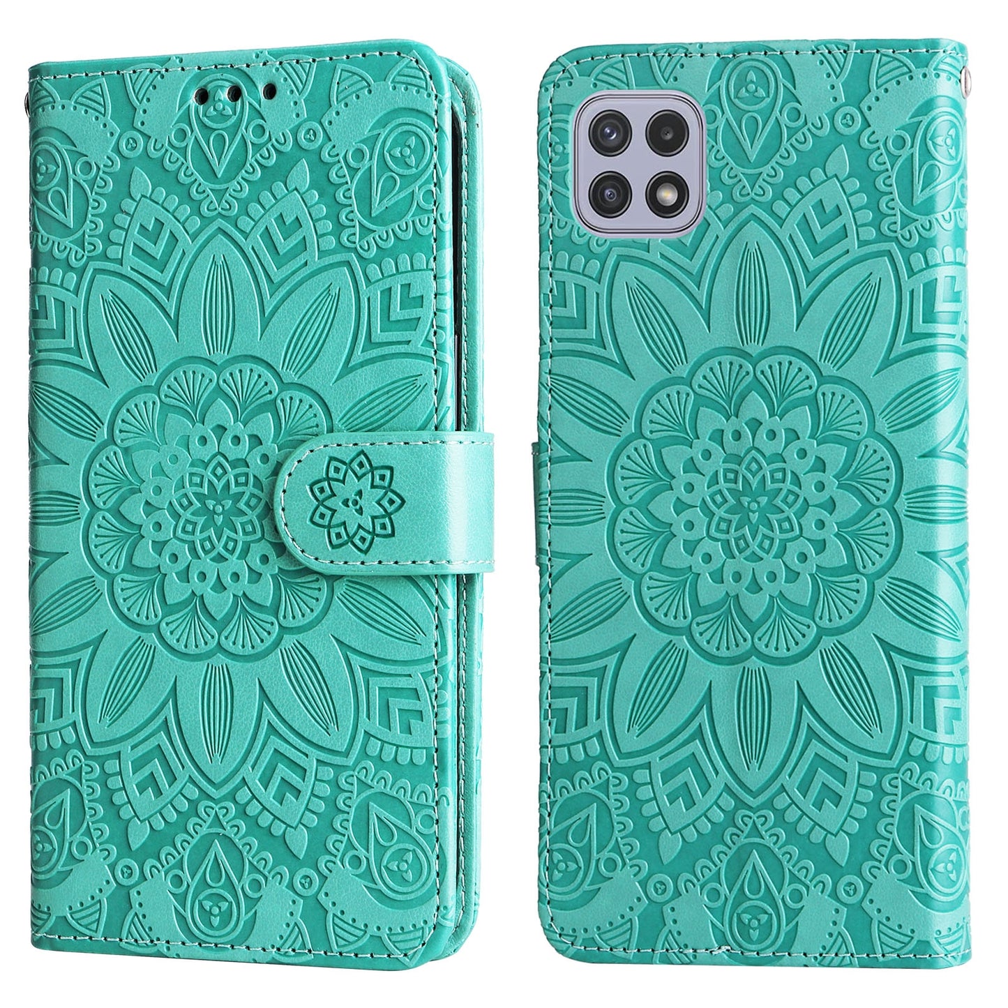 Samsung Galaxy A22 5G Sunflower Embossed Leather Wallet Phone Case with Kickstand and Card Holder