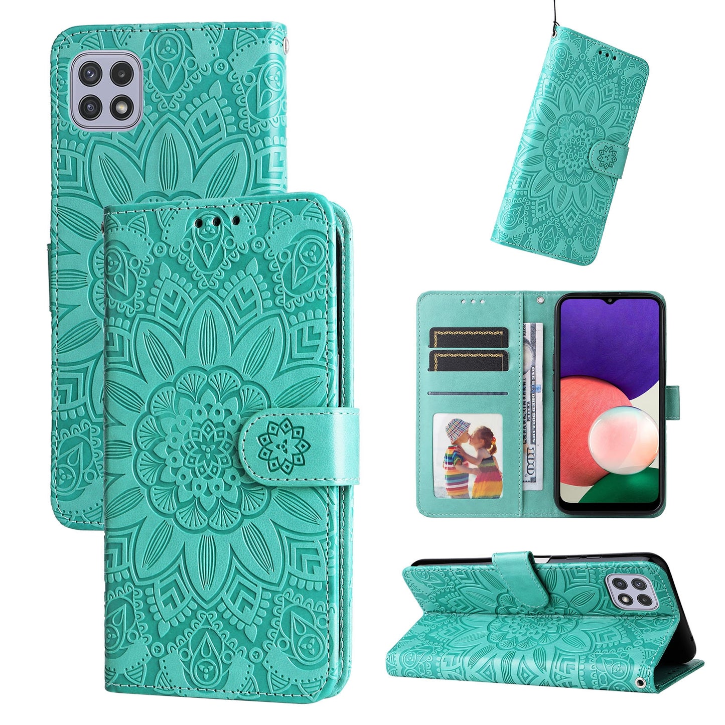 Samsung Galaxy A22 5G Sunflower Embossed Leather Wallet Phone Case with Kickstand and Card Holder