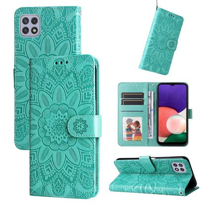 Samsung Galaxy A22 5G Sunflower Embossed Leather Wallet Phone Case with Kickstand and Card Holder