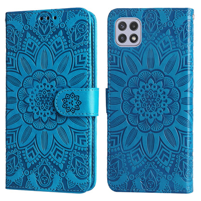 Samsung Galaxy A22 5G Sunflower Embossed Leather Wallet Phone Case with Kickstand and Card Holder