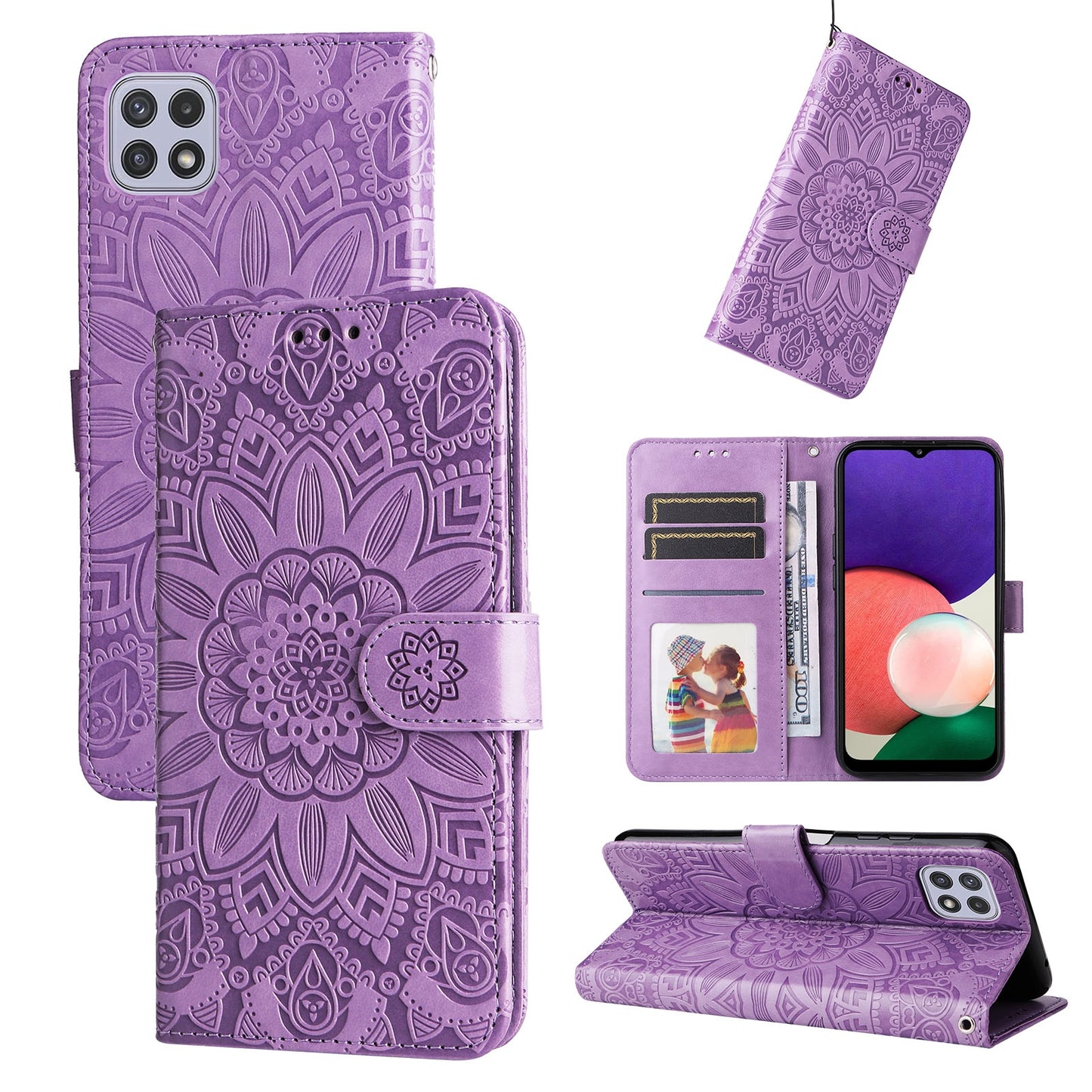 Samsung Galaxy A22 5G Sunflower Embossed Leather Wallet Phone Case with Kickstand and Card Holder