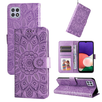 Samsung Galaxy A22 5G Sunflower Embossed Leather Wallet Phone Case with Kickstand and Card Holder