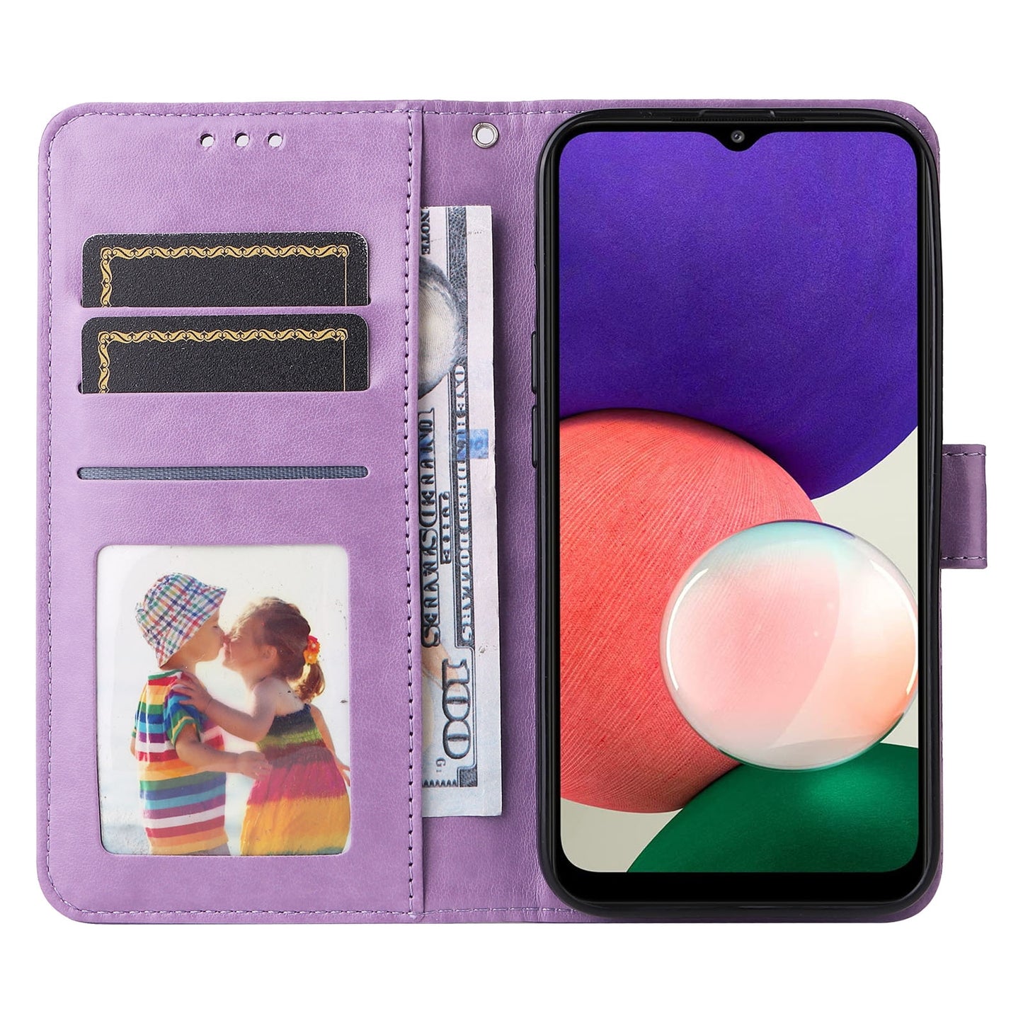 Samsung Galaxy A22 5G Sunflower Embossed Leather Wallet Phone Case with Kickstand and Card Holder