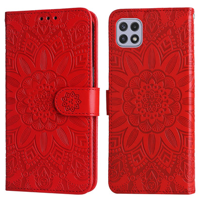 Samsung Galaxy A22 5G Sunflower Embossed Leather Wallet Phone Case with Kickstand and Card Holder
