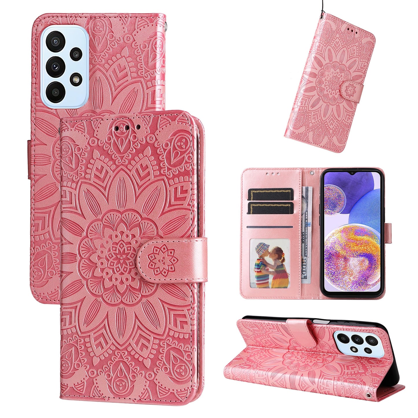 Samsung Galaxy A23 5G Sunflower Embossed Leather Wallet Phone Case with Kickstand and Card Holder