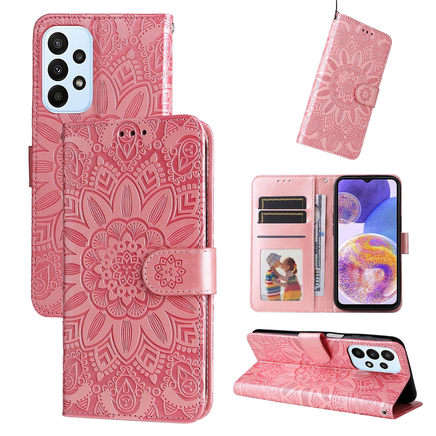 Samsung Galaxy M23 5G Sunflower Embossed Leather Wallet Phone Case with Kickstand and Card Holder