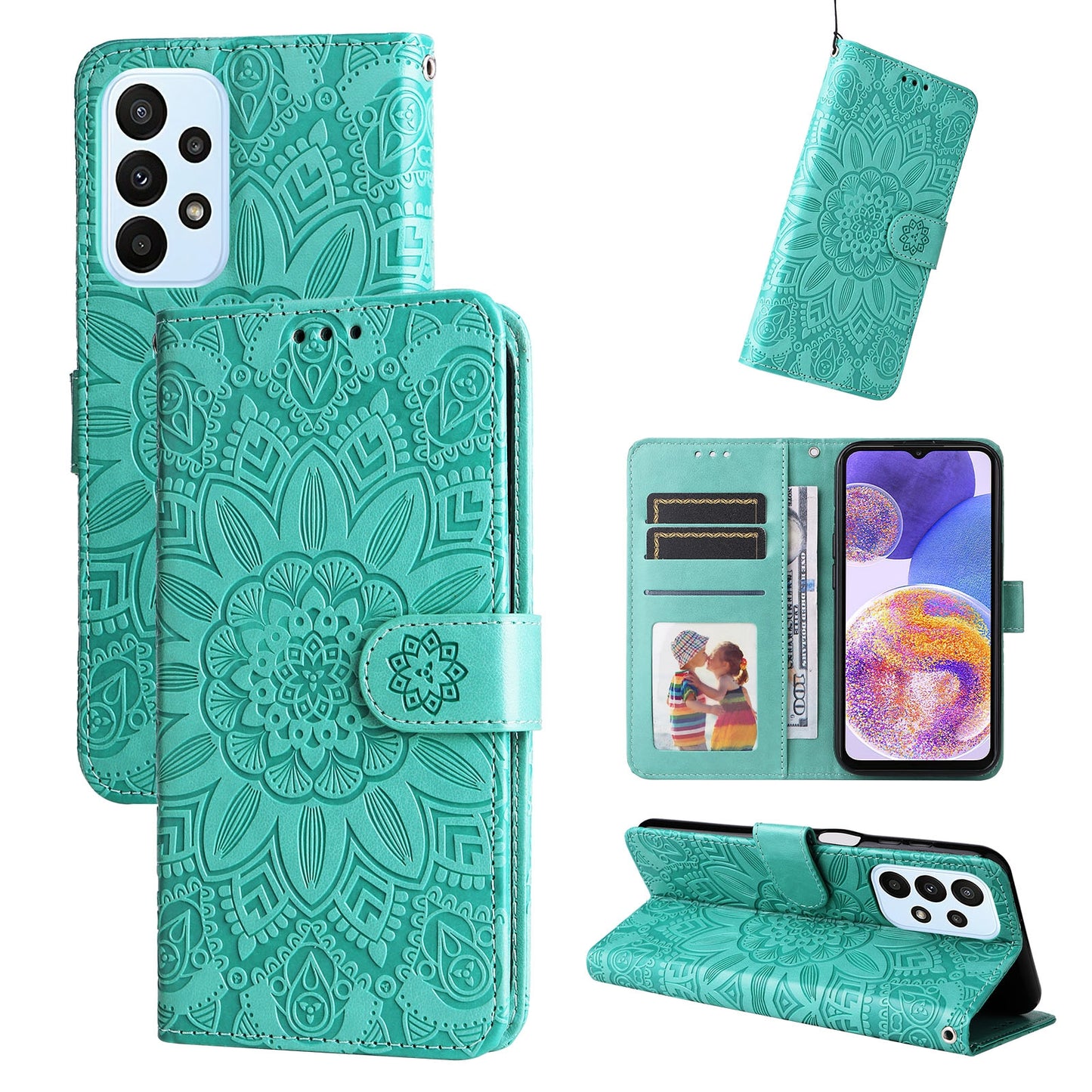 Samsung Galaxy A23 5G Sunflower Embossed Leather Wallet Phone Case with Kickstand and Card Holder