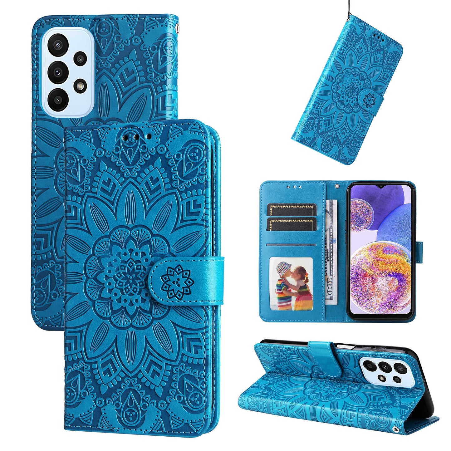 Samsung Galaxy F23 5G Sunflower Embossed Leather Wallet Phone Case with Kickstand and Card Holder