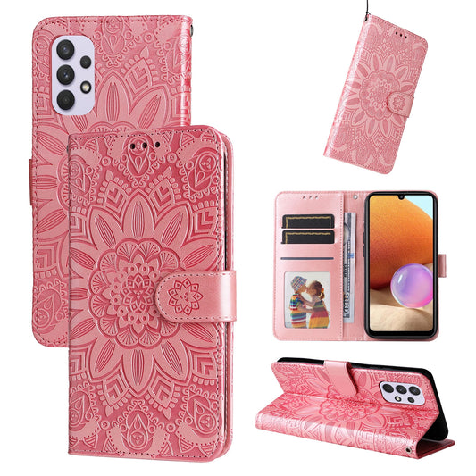 Samsung Galaxy A32 4G Sunflower Embossed Leather Wallet Phone Case with Kickstand and Card Holder