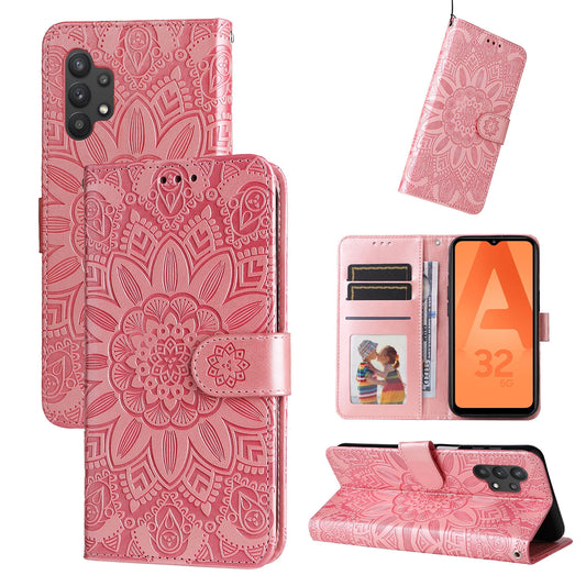 Samsung Galaxy A32 5G Sunflower Embossed Leather Wallet Phone Case with Kickstand and Card Holder