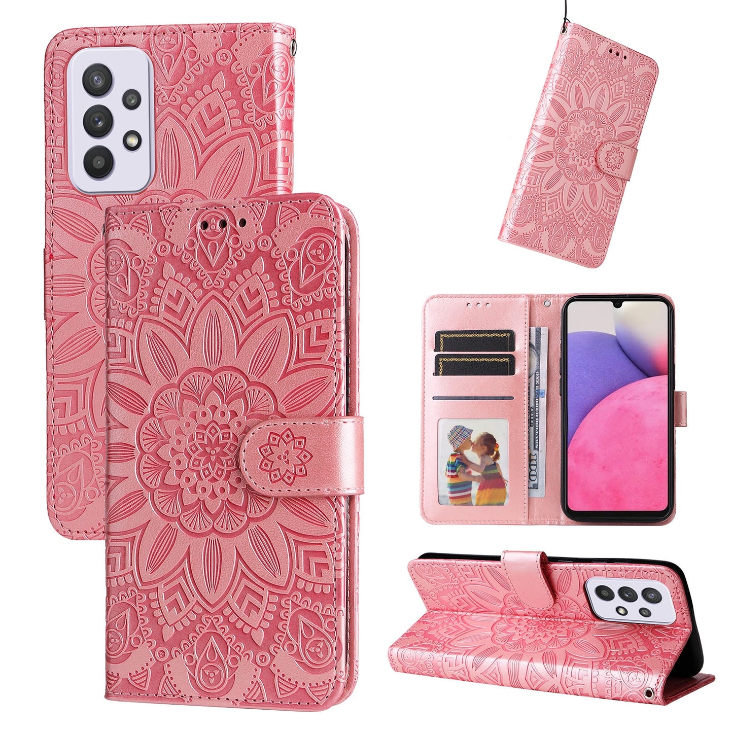 Samsung Galaxy A33 5G Sunflower Embossed Leather Wallet Phone Case with Kickstand and Card Holder