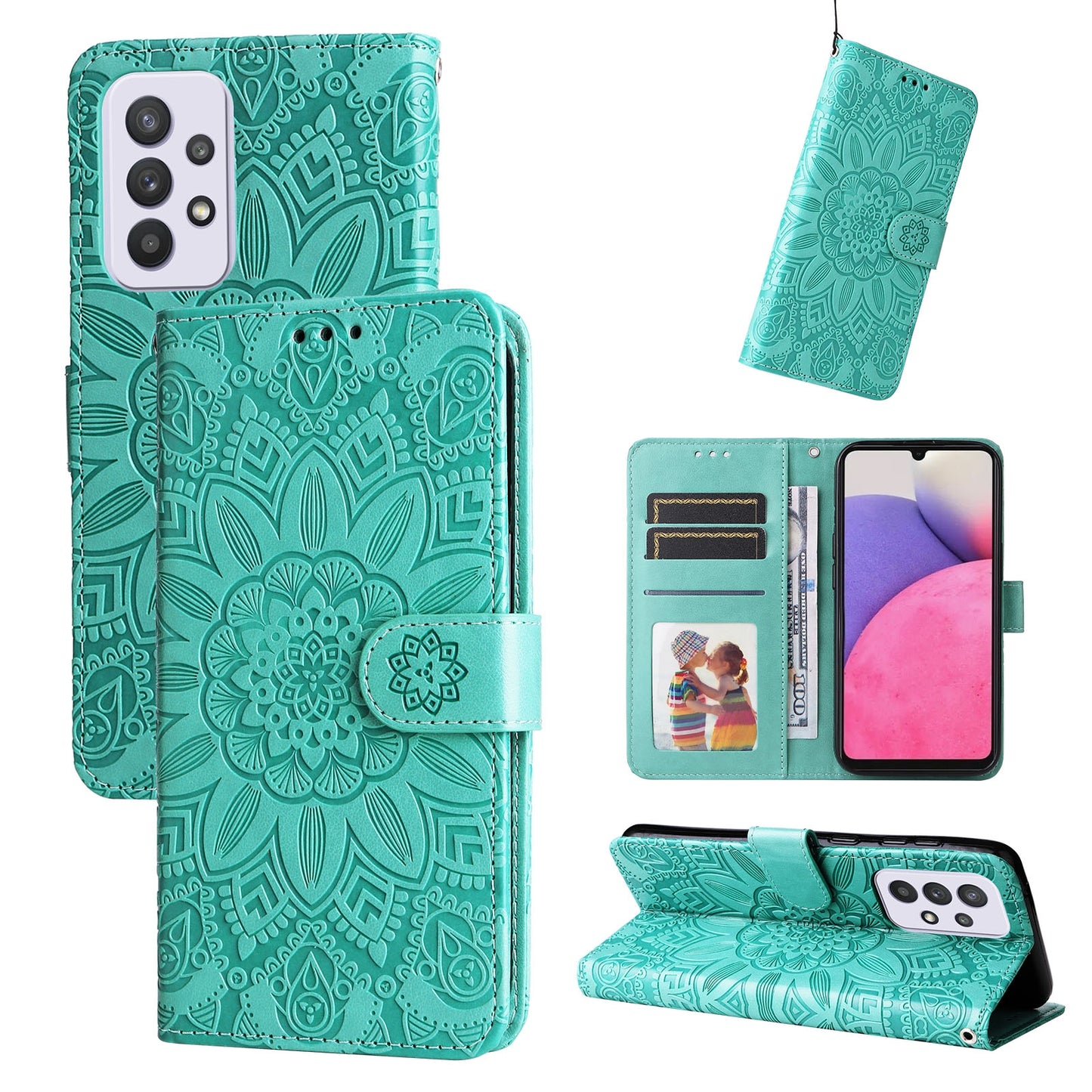 Samsung Galaxy A33 5G Sunflower Embossed Leather Wallet Phone Case with Kickstand and Card Holder