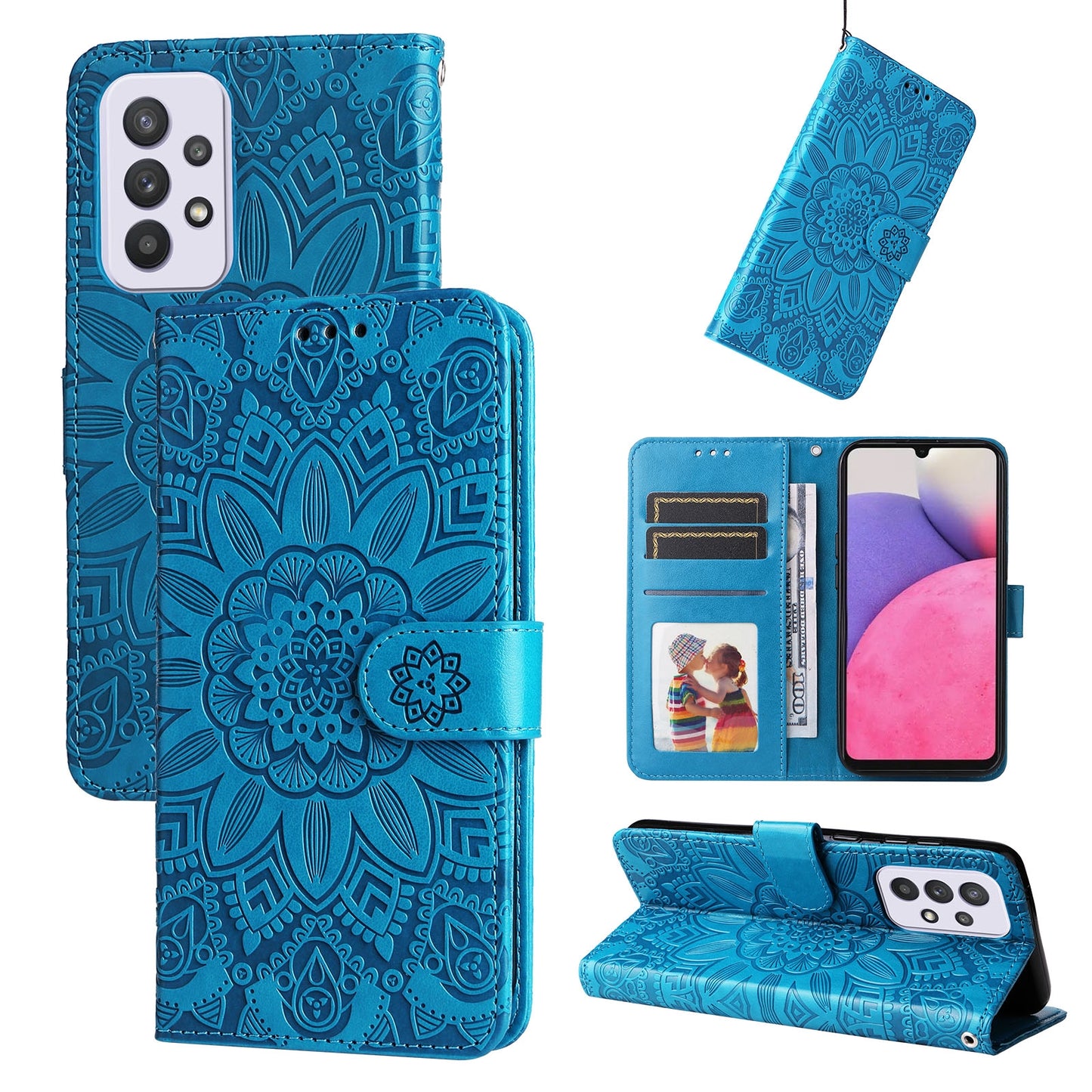 Samsung Galaxy A33 5G Sunflower Embossed Leather Wallet Phone Case with Kickstand and Card Holder