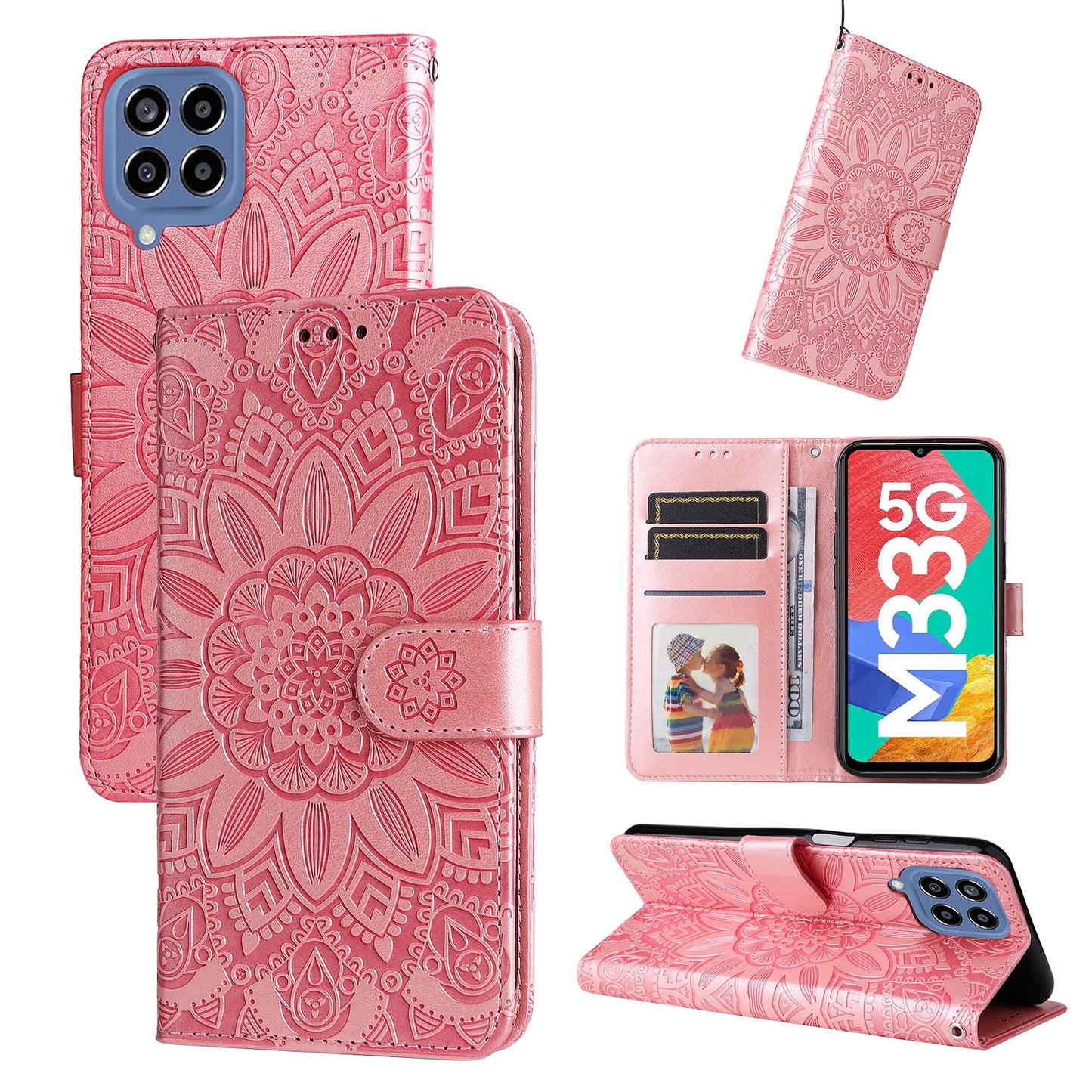 Samsung Galaxy M33 5G Global Sunflower Embossed Leather Wallet Phone Case with Kickstand and Card Holder