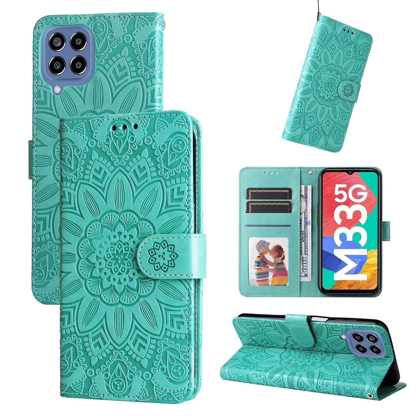 Samsung Galaxy M33 5G Global Sunflower Embossed Leather Wallet Phone Case with Kickstand and Card Holder