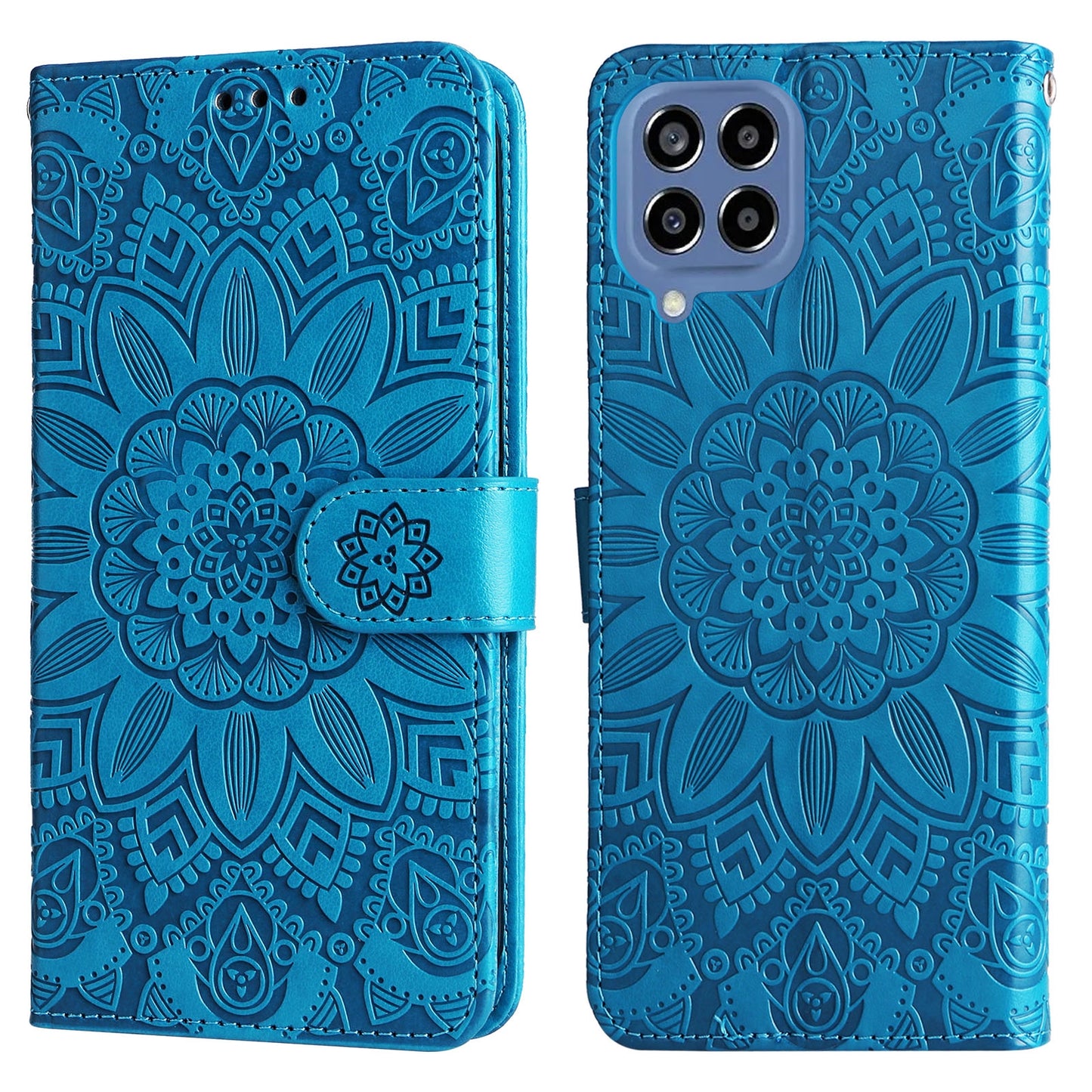 Samsung Galaxy M33 5G Global Sunflower Embossed Leather Wallet Phone Case with Kickstand and Card Holder