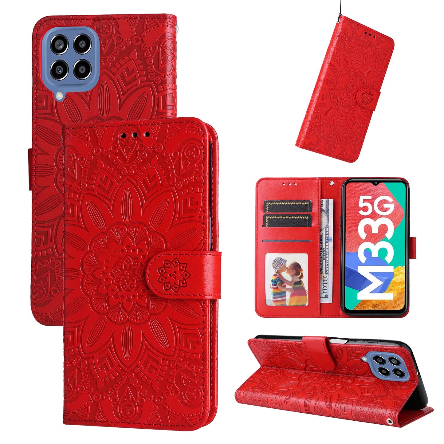 Samsung Galaxy M33 5G Global Sunflower Embossed Leather Wallet Phone Case with Kickstand and Card Holder