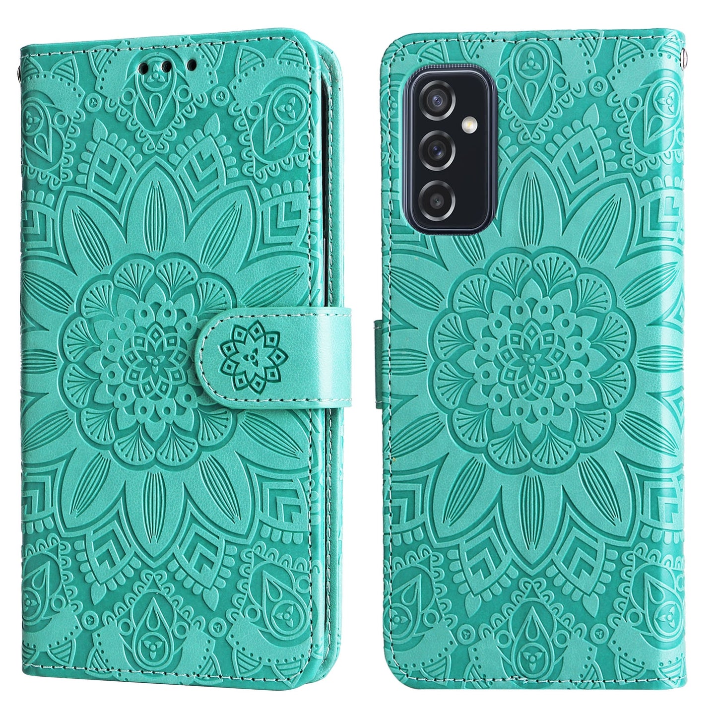 Samsung Galaxy M52 5G Sunflower Embossed Leather Wallet Phone Case with Kickstand and Card Holder