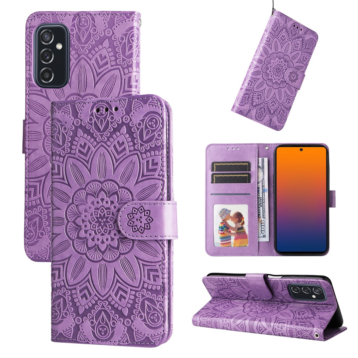 Samsung Galaxy M52 5G Sunflower Embossed Leather Wallet Phone Case with Kickstand and Card Holder