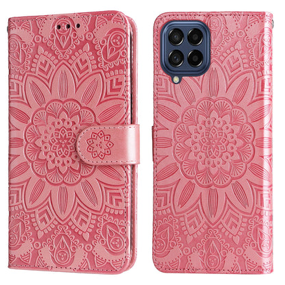 Samsung Galaxy M53 5G Sunflower Embossed Leather Wallet Phone Case with Kickstand and Card Holder