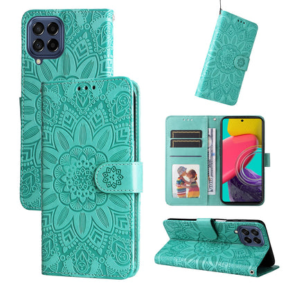 Samsung Galaxy M53 5G Sunflower Embossed Leather Wallet Phone Case with Kickstand and Card Holder