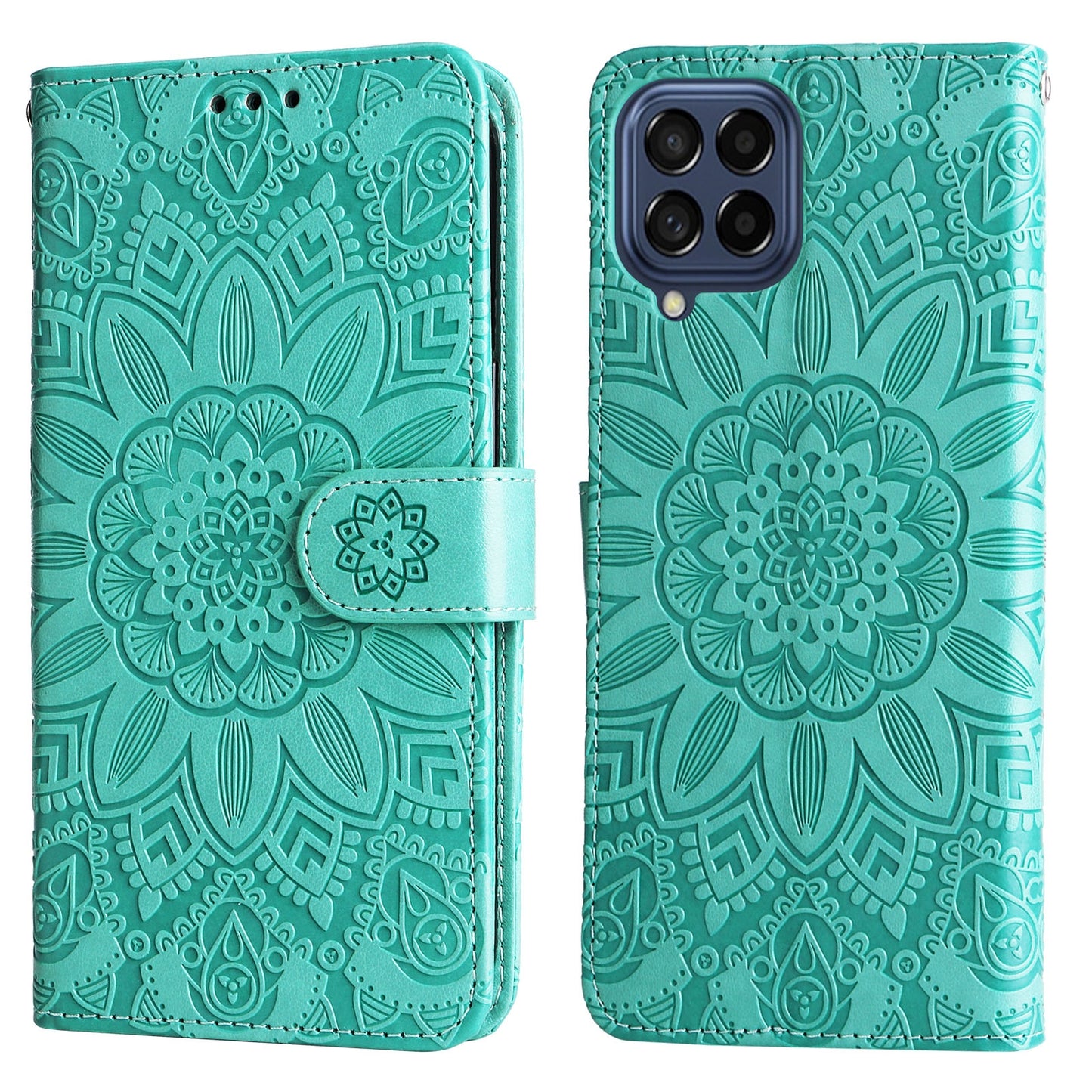 Samsung Galaxy M53 5G Sunflower Embossed Leather Wallet Phone Case with Kickstand and Card Holder