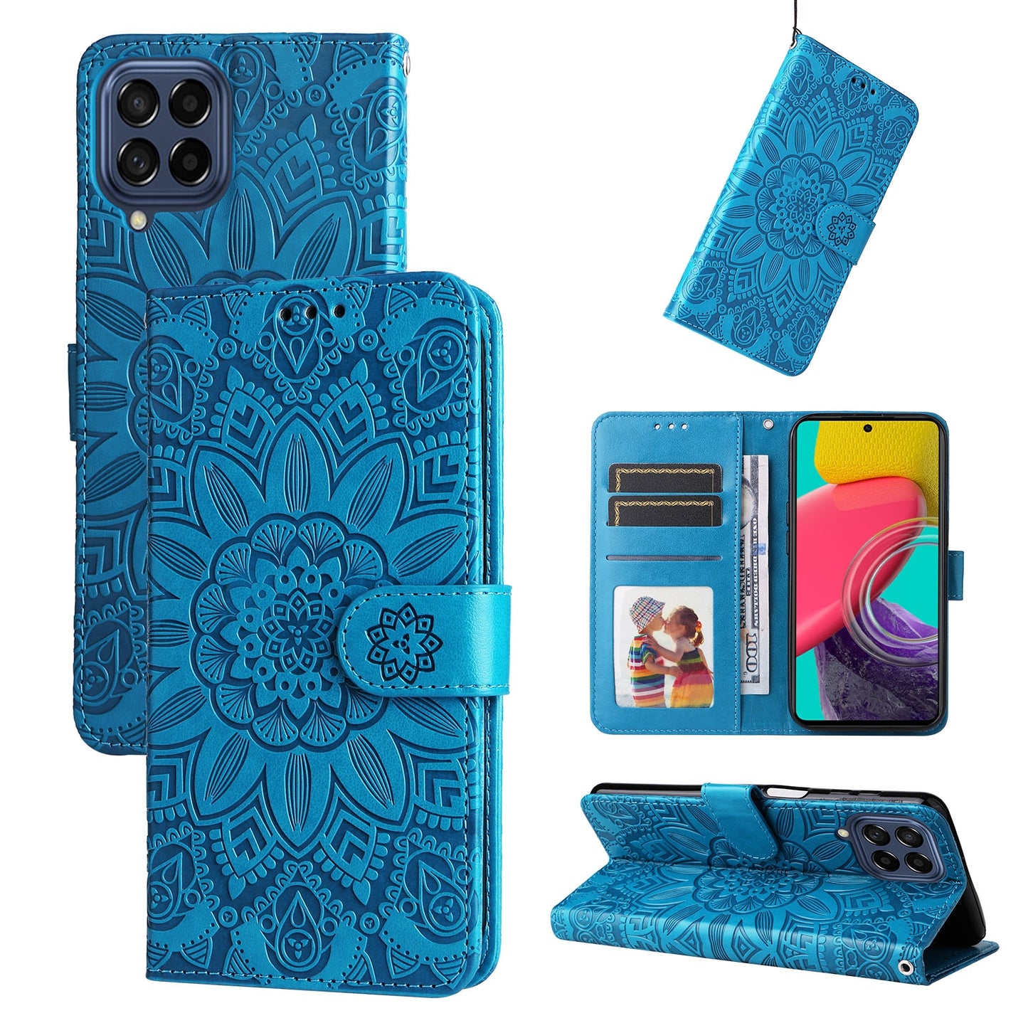 Samsung Galaxy M53 5G Sunflower Embossed Leather Wallet Phone Case with Kickstand and Card Holder