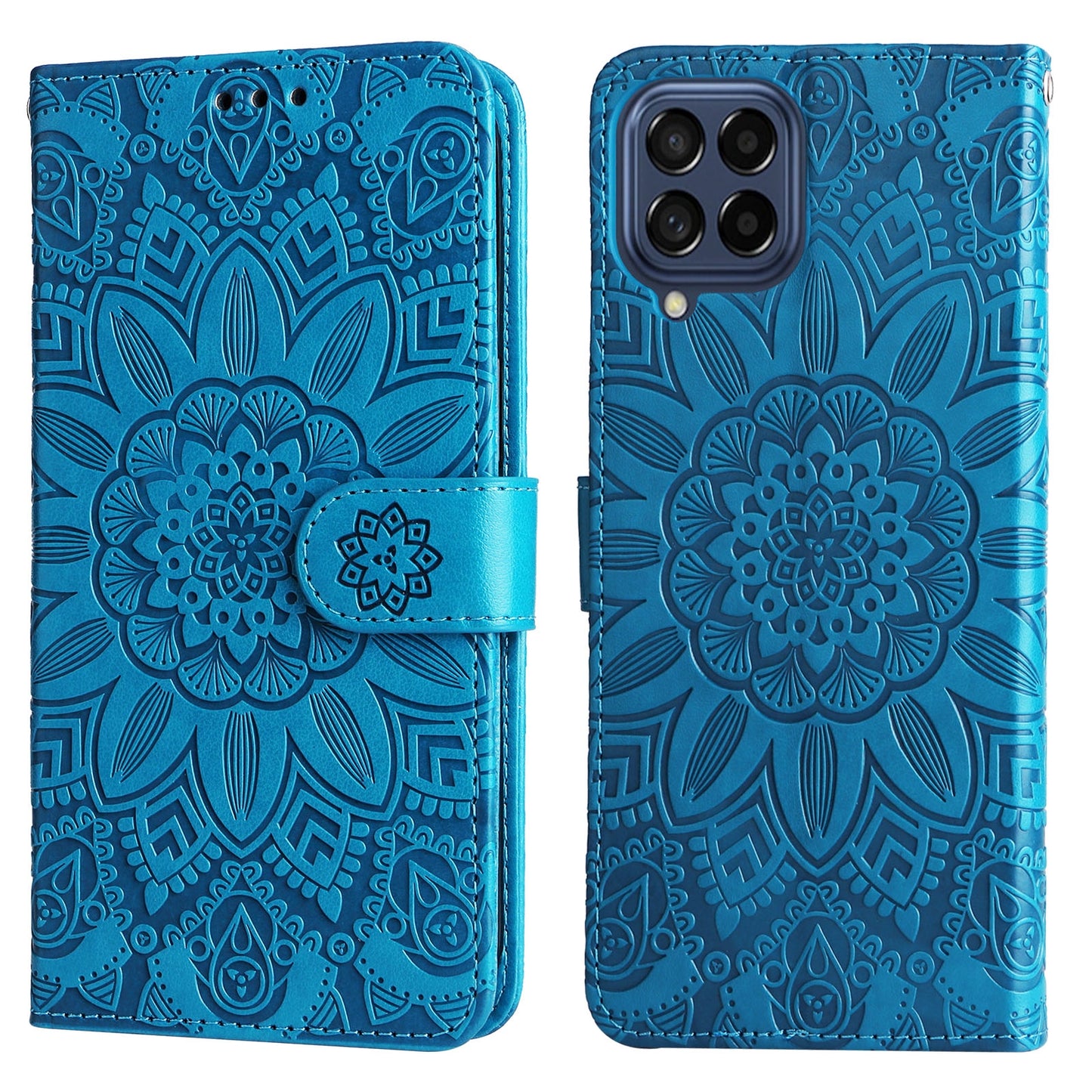 Samsung Galaxy M53 5G Sunflower Embossed Leather Wallet Phone Case with Kickstand and Card Holder