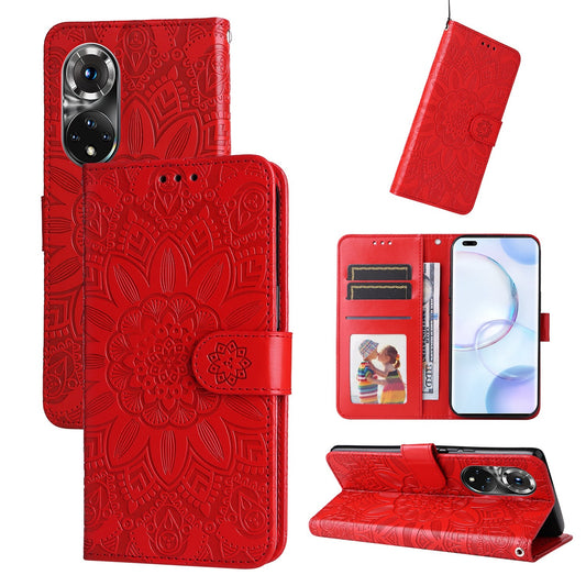 Honor 50 Pro Sunflower Embossed Leather Wallet Phone Case with Kickstand and Card Holder