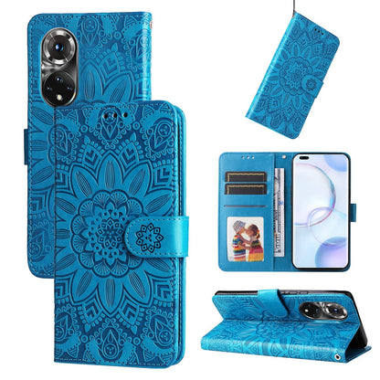 Honor 50 Pro Sunflower Embossed Leather Wallet Phone Case with Kickstand and Card Holder