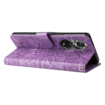 Honor 50 Pro Sunflower Embossed Leather Wallet Phone Case with Kickstand and Card Holder