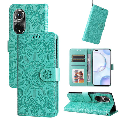 Honor 50 Pro Sunflower Embossed Leather Wallet Phone Case with Kickstand and Card Holder
