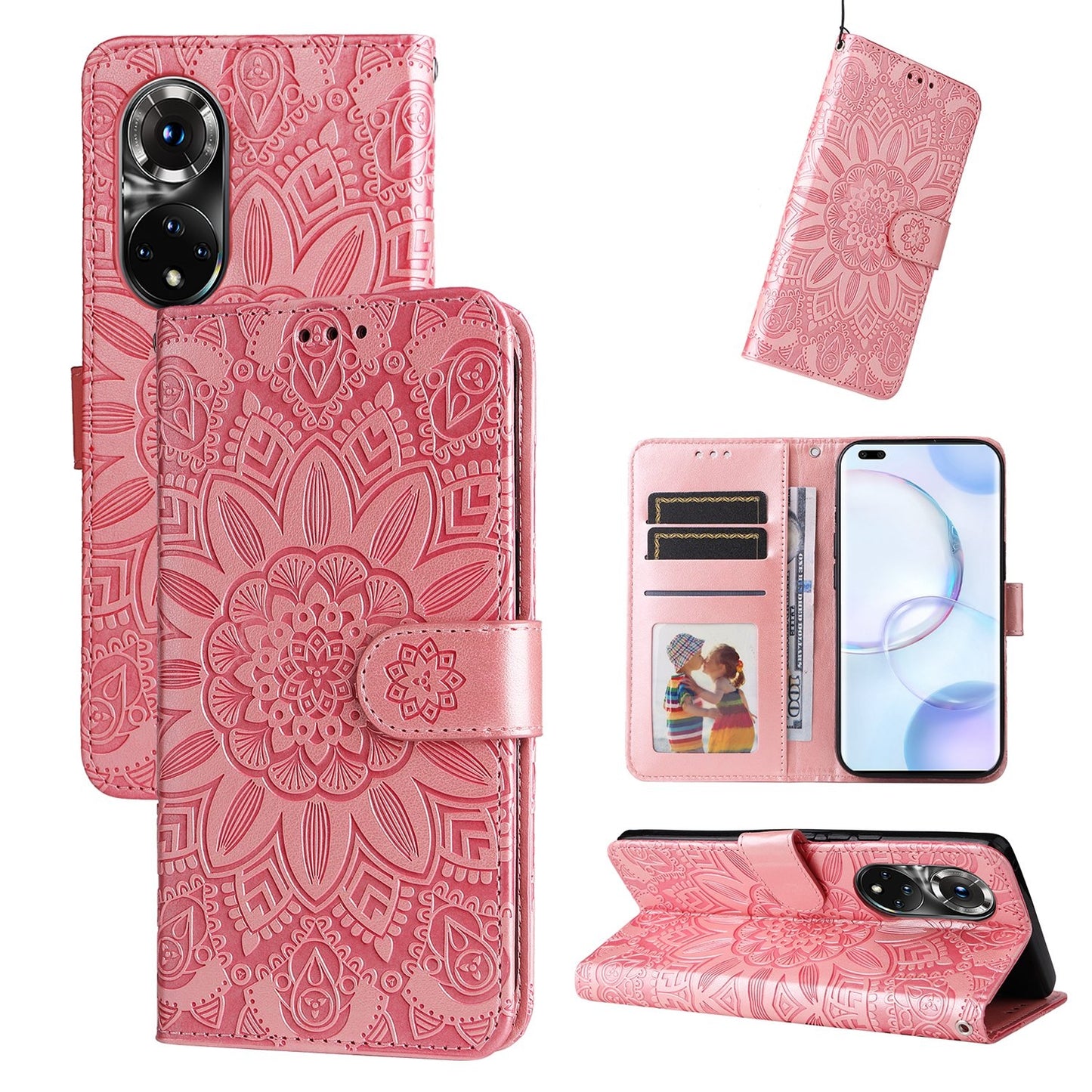 Honor 50 Pro Sunflower Embossed Leather Wallet Phone Case with Kickstand and Card Holder