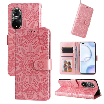 Honor 50 Pro Sunflower Embossed Leather Wallet Phone Case with Kickstand and Card Holder