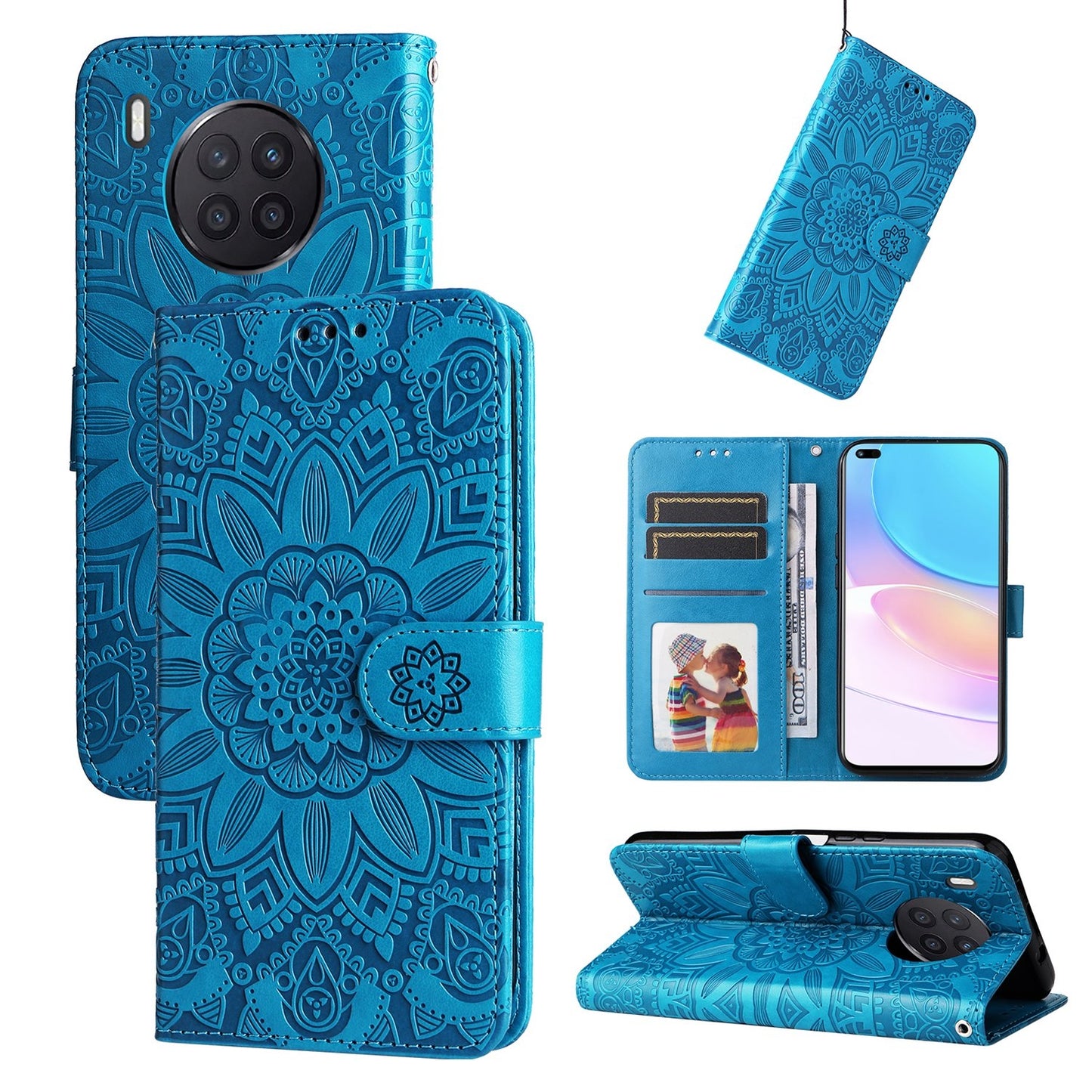 Honor 50 Lite Sunflower Embossed Leather Wallet Phone Case with Kickstand and Card Holder