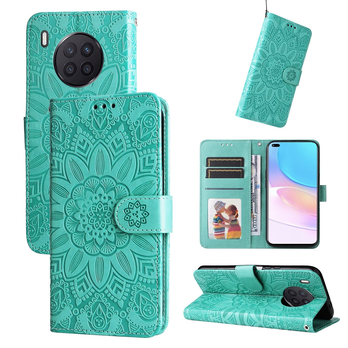 Honor 50 Lite Sunflower Embossed Leather Wallet Phone Case with Kickstand and Card Holder