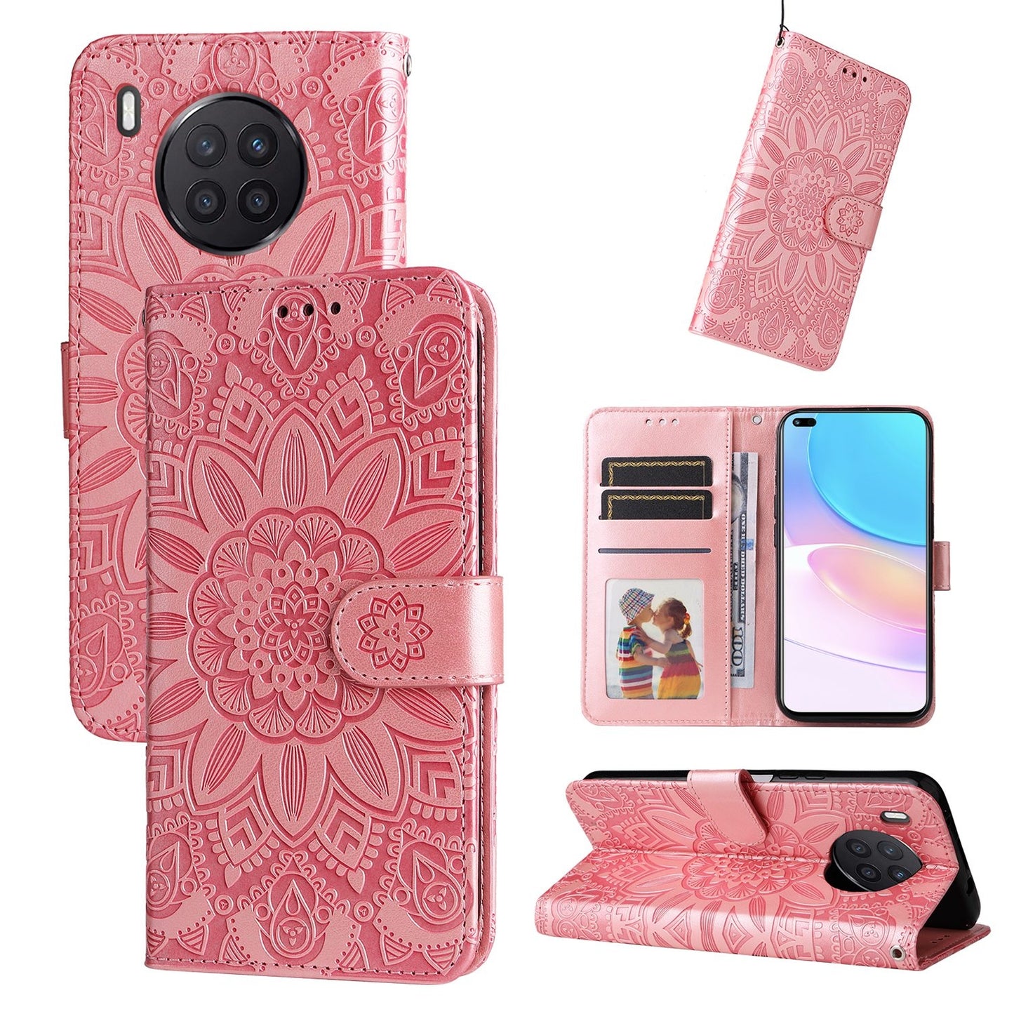 Honor 50 Lite Sunflower Embossed Leather Wallet Phone Case with Kickstand and Card Holder