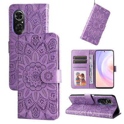 Huawei nova 9 SE Sunflower Embossed Leather Wallet Phone Case with Kickstand and Card Holder