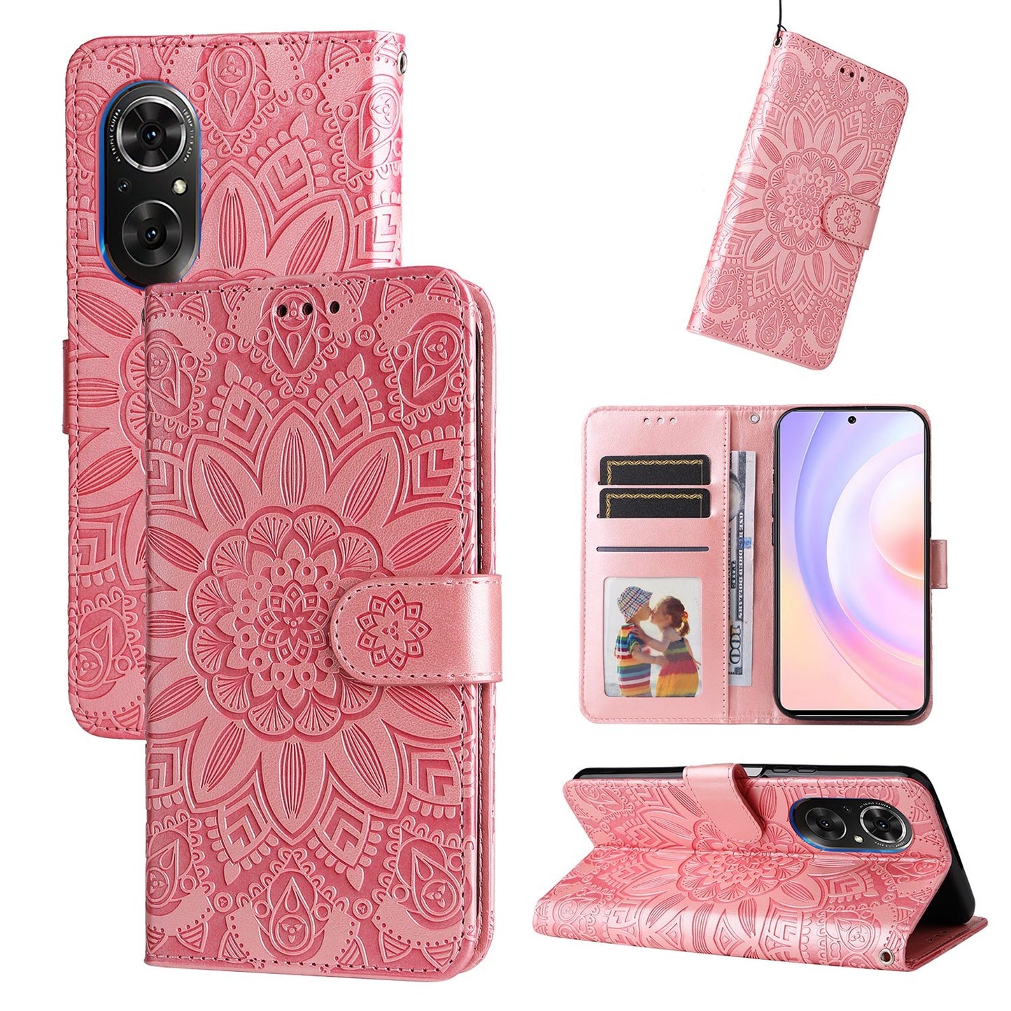 Huawei nova 9 SE Sunflower Embossed Leather Wallet Phone Case with Kickstand and Card Holder