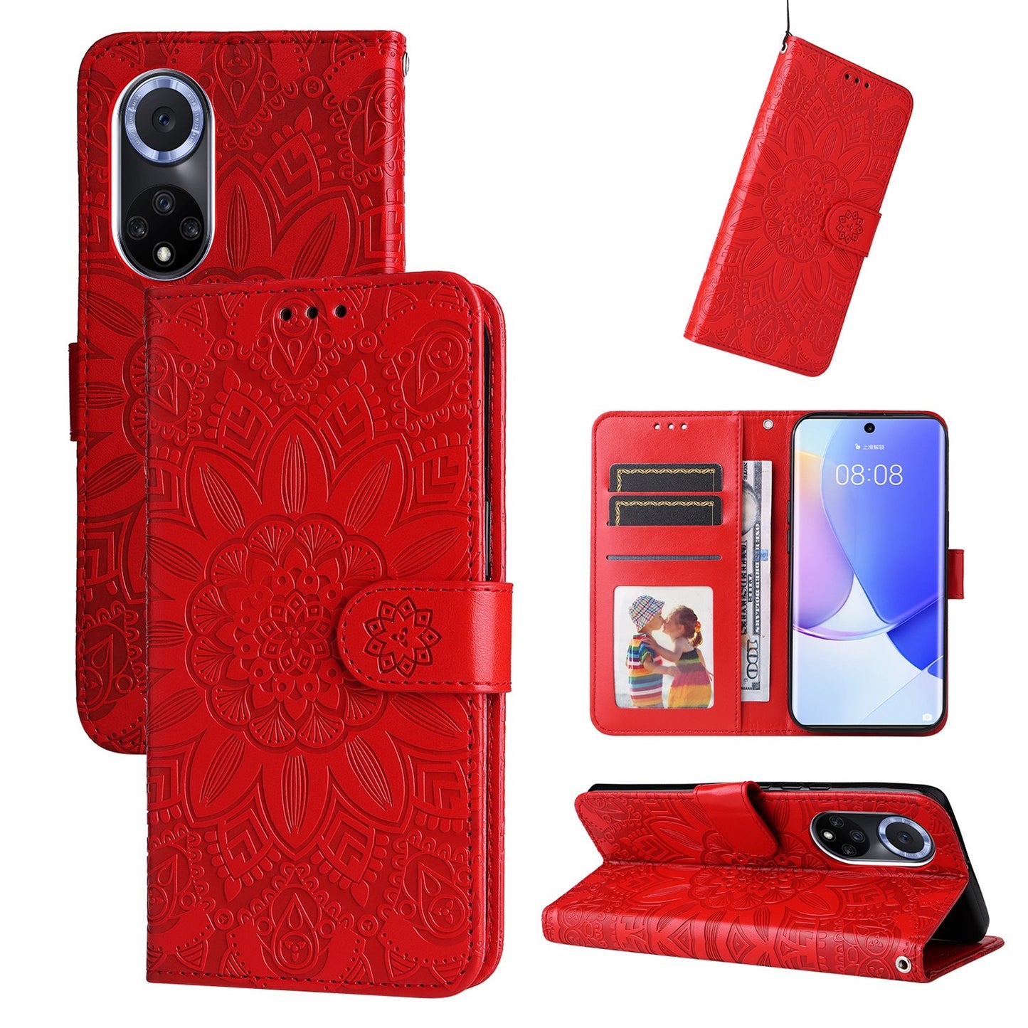 Honor 50 Sunflower Embossed Leather Wallet Phone Case with Kickstand and Card Holder