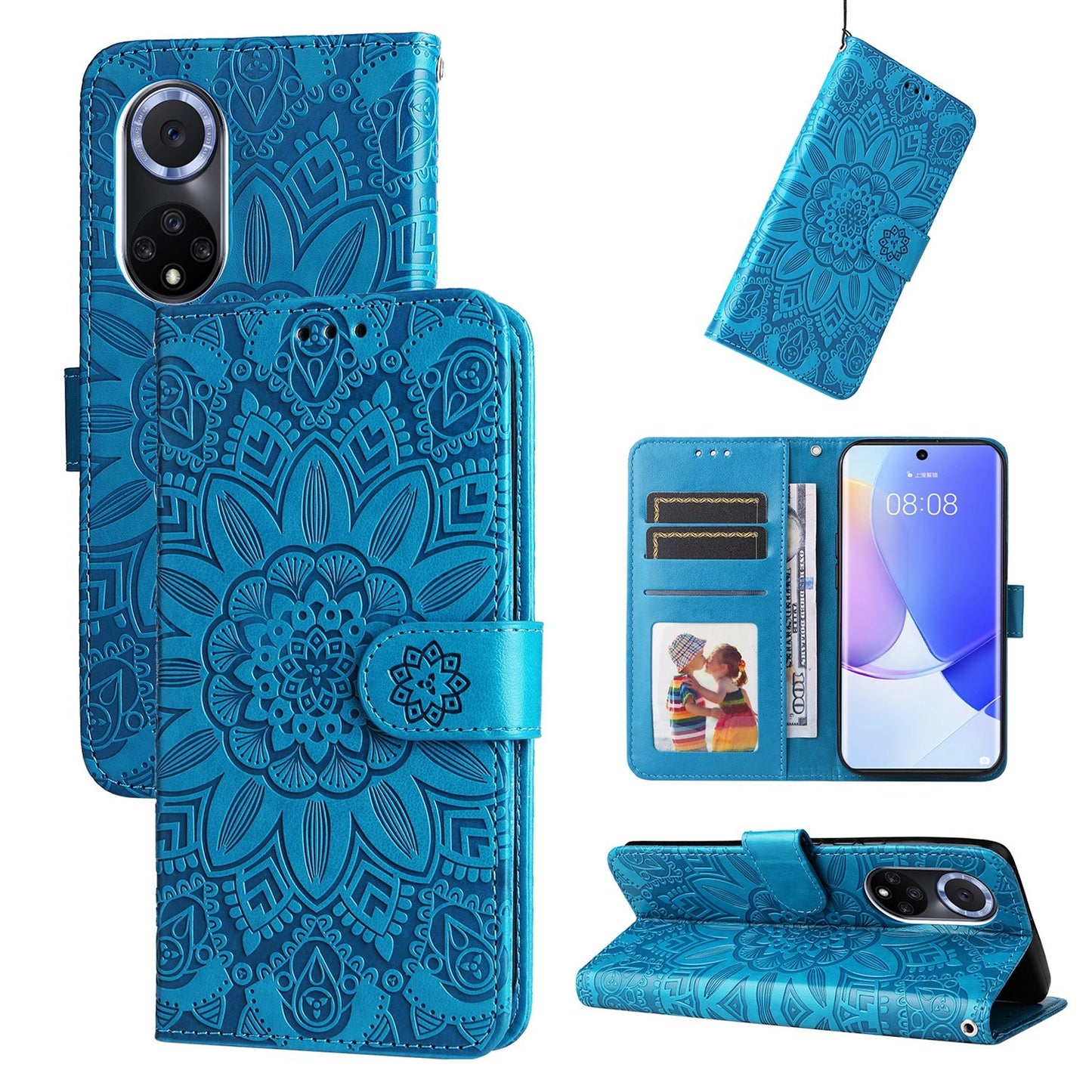 Honor 50 Sunflower Embossed Leather Wallet Phone Case with Kickstand and Card Holder