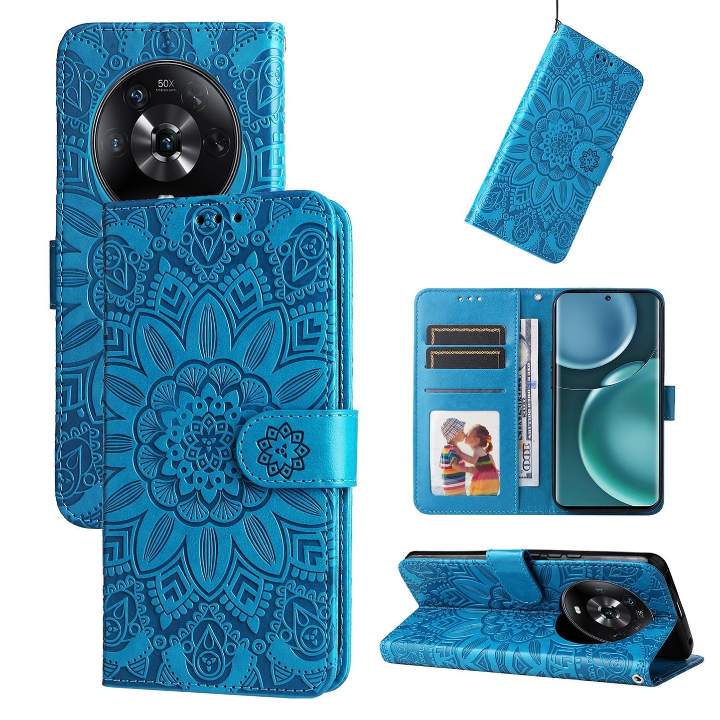 Honor Magic4 Sunflower Embossed Leather Wallet Phone Case with Kickstand and Card Holder