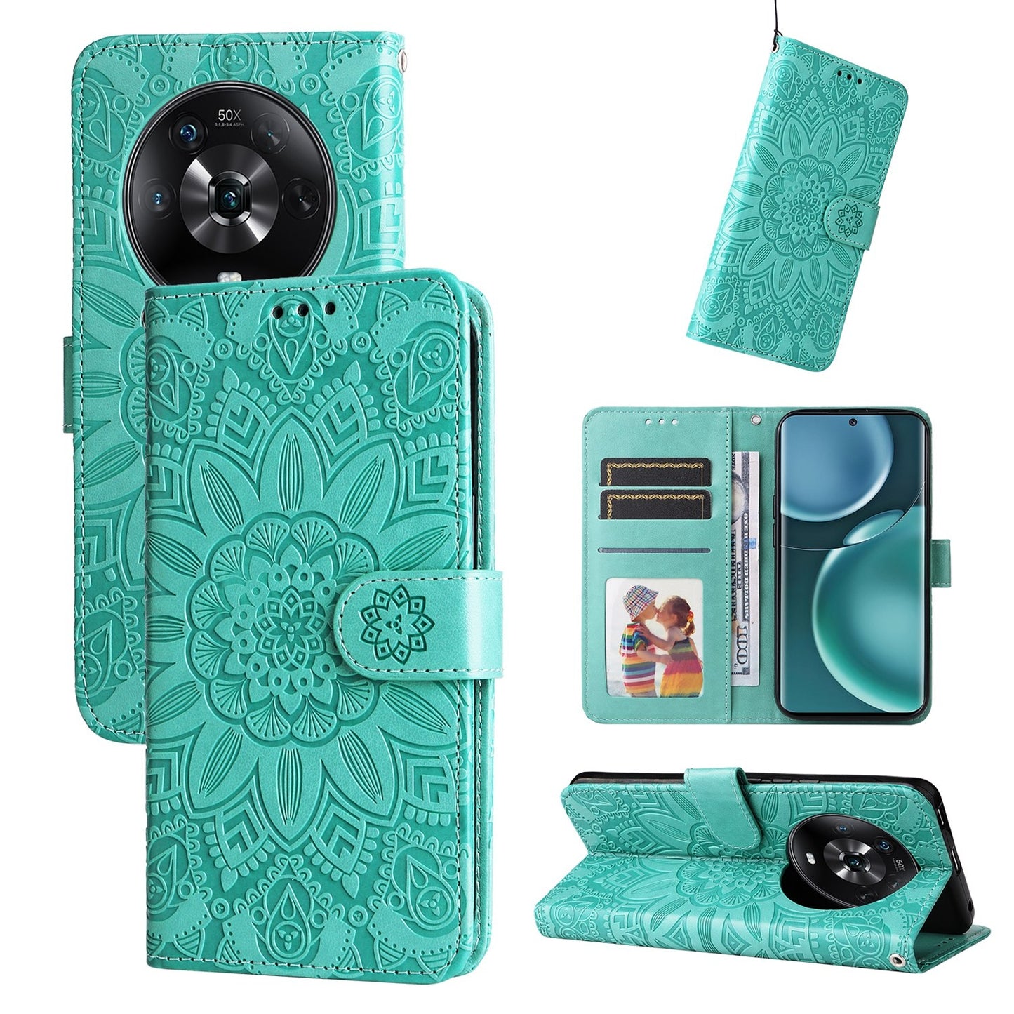 Honor Magic4 Sunflower Embossed Leather Wallet Phone Case with Kickstand and Card Holder