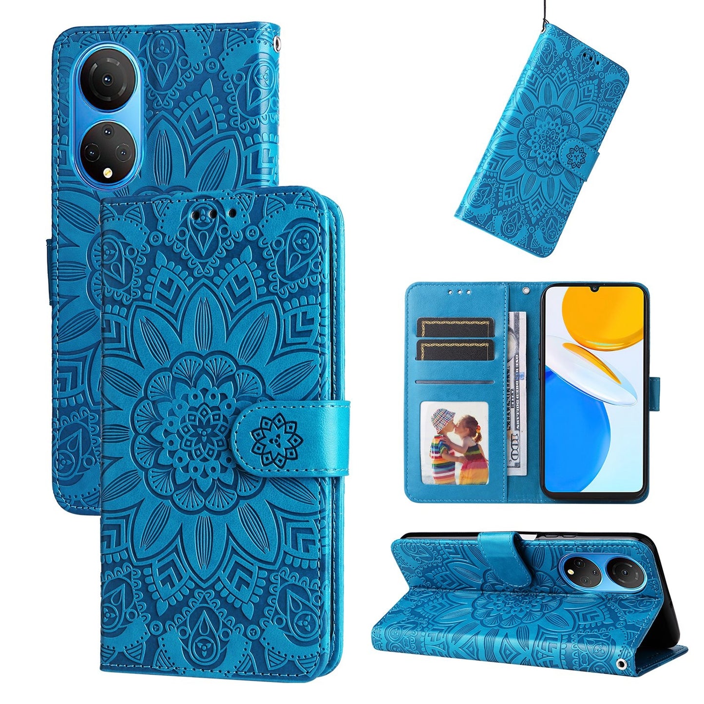 Honor X7 Sunflower Embossed Leather Wallet Phone Case with Kickstand and Card Holder