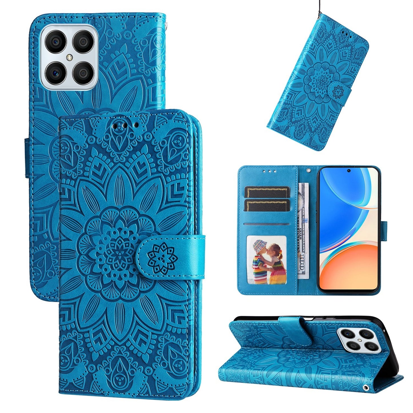 Honor X8 Sunflower Embossed Leather Wallet Phone Case with Kickstand and Card Holder