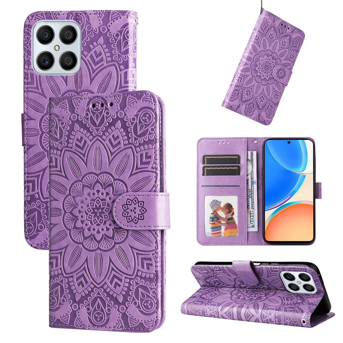 Honor X8 Sunflower Embossed Leather Wallet Phone Case with Kickstand and Card Holder