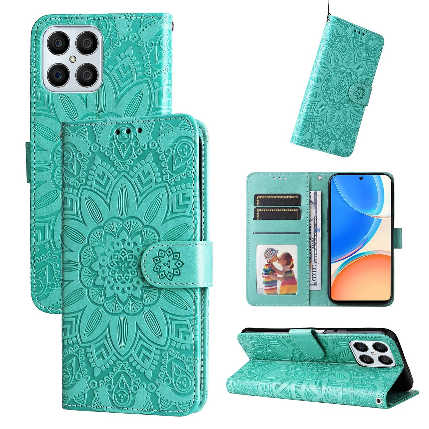 Honor X8 Sunflower Embossed Leather Wallet Phone Case with Kickstand and Card Holder