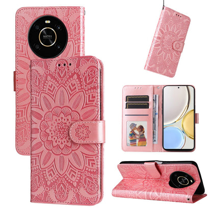 Honor X9 5G Sunflower Embossed Leather Wallet Phone Case with Kickstand and Card Holder